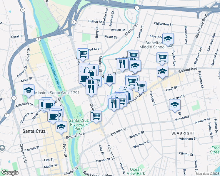 map of restaurants, bars, coffee shops, grocery stores, and more near 550 Water Street in Santa Cruz
