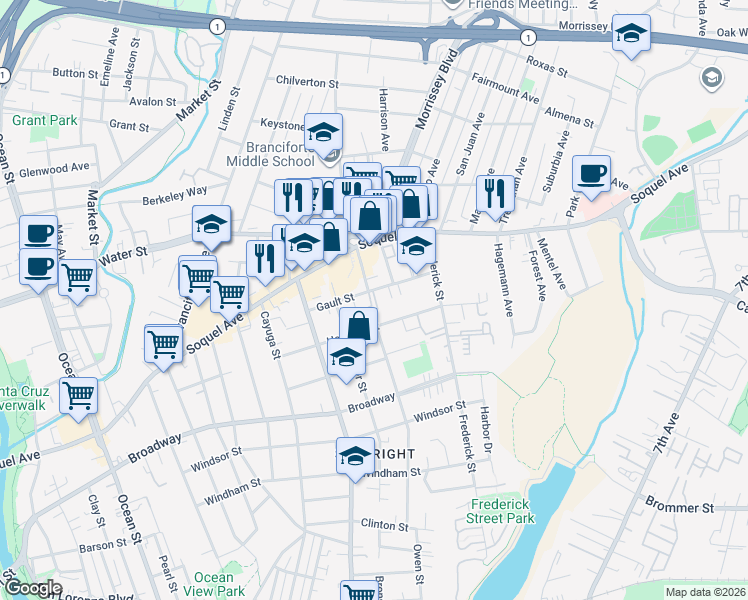 map of restaurants, bars, coffee shops, grocery stores, and more near in Santa Cruz