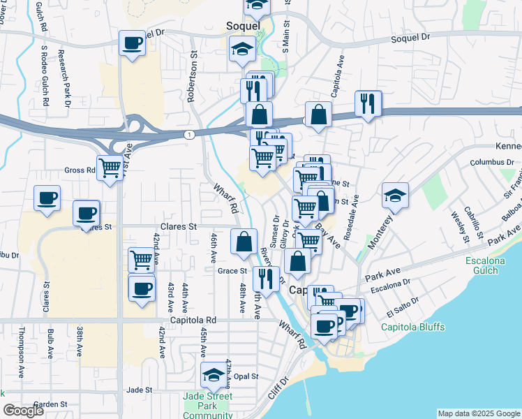 map of restaurants, bars, coffee shops, grocery stores, and more near 611 Center Street in Capitola