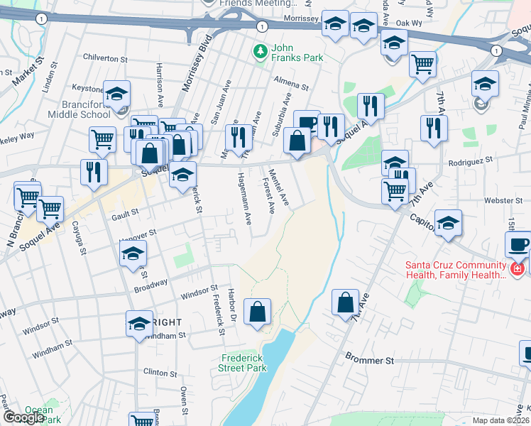map of restaurants, bars, coffee shops, grocery stores, and more near 202 Forest Avenue in Santa Cruz