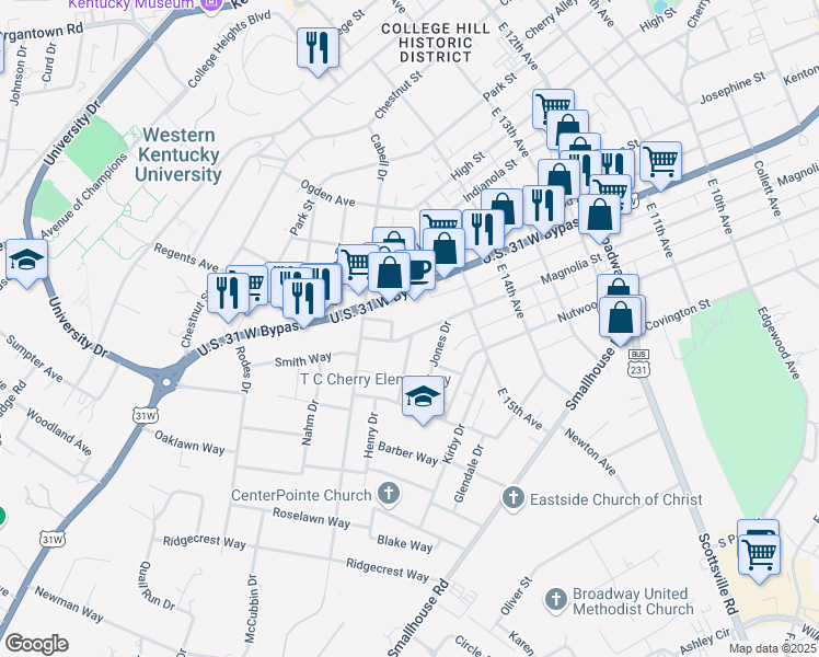 map of restaurants, bars, coffee shops, grocery stores, and more near 1553 Magnolia Street in Bowling Green