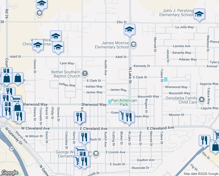 map of restaurants, bars, coffee shops, grocery stores, and more near 720 Ashlan Way in Madera