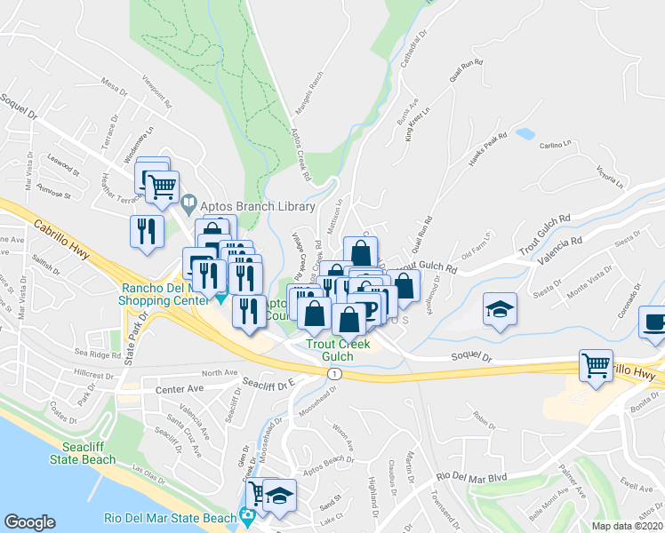 map of restaurants, bars, coffee shops, grocery stores, and more near 160 Mattison Court in Aptos