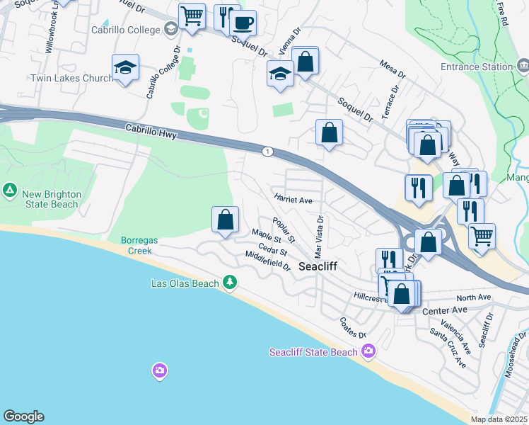 map of restaurants, bars, coffee shops, grocery stores, and more near 218 Poplar Street in Aptos