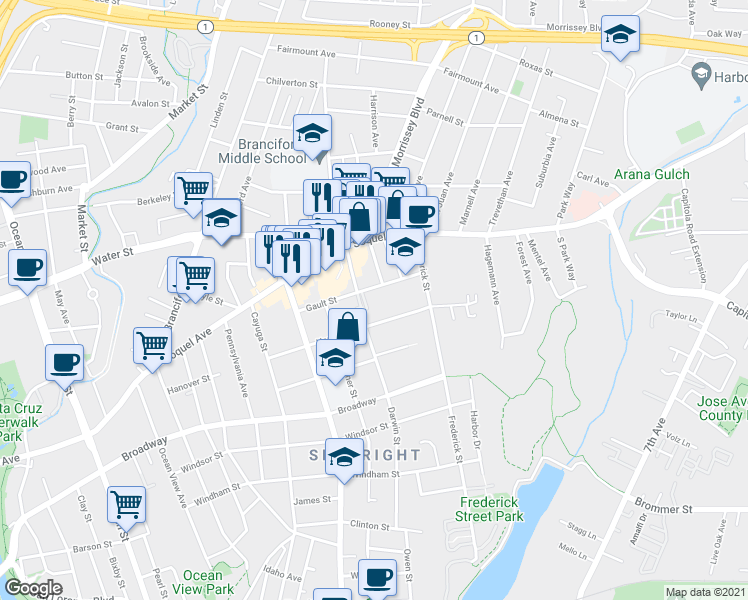 map of restaurants, bars, coffee shops, grocery stores, and more near in Santa Cruz