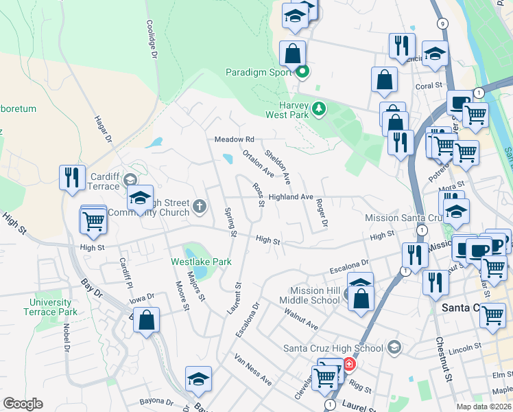map of restaurants, bars, coffee shops, grocery stores, and more near 731 Highland Avenue in Santa Cruz