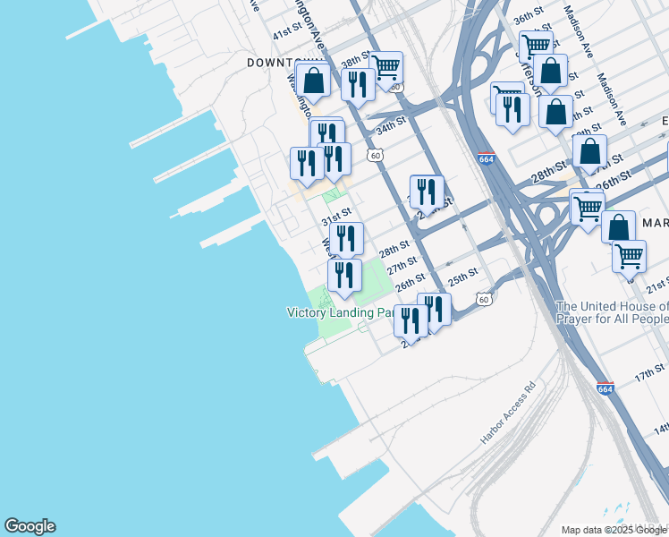 map of restaurants, bars, coffee shops, grocery stores, and more near 2901 West Avenue in Newport News