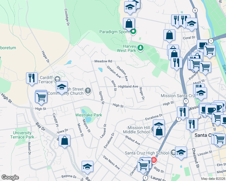 map of restaurants, bars, coffee shops, grocery stores, and more near 731 Highland Avenue in Santa Cruz