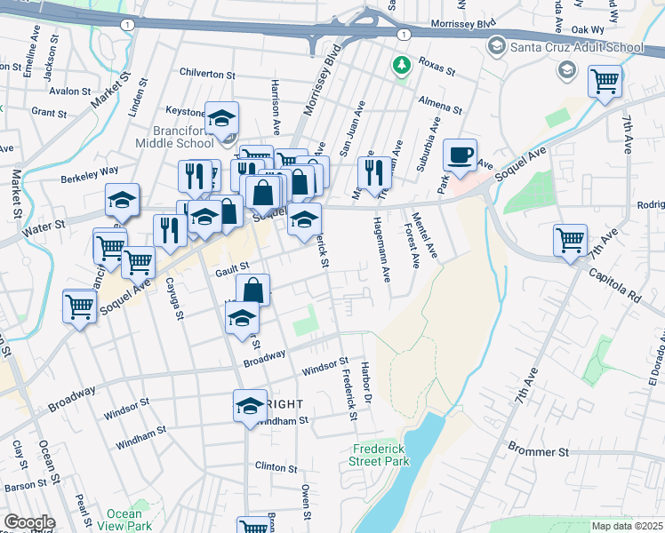 map of restaurants, bars, coffee shops, grocery stores, and more near 600 Frederick Street in Santa Cruz