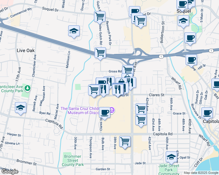 map of restaurants, bars, coffee shops, grocery stores, and more near 2065 Edmund Lane in Capitola