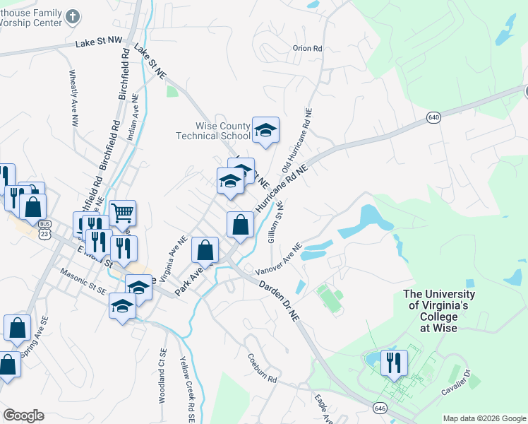 map of restaurants, bars, coffee shops, grocery stores, and more near 509-599 Hurricane Road Northeast in Wise