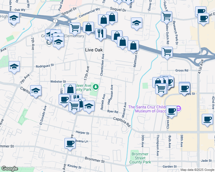 map of restaurants, bars, coffee shops, grocery stores, and more near 2229 Chanticleer Lane in Santa Cruz
