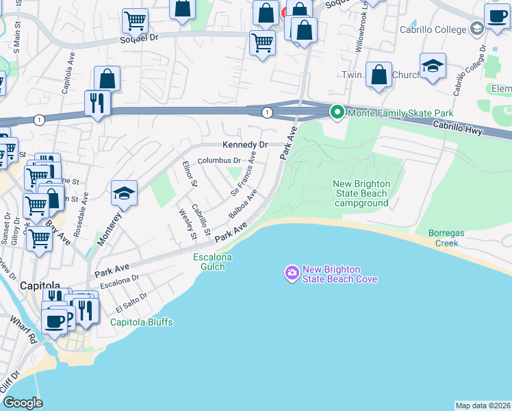 map of restaurants, bars, coffee shops, grocery stores, and more near 870 Park Avenue in Capitola