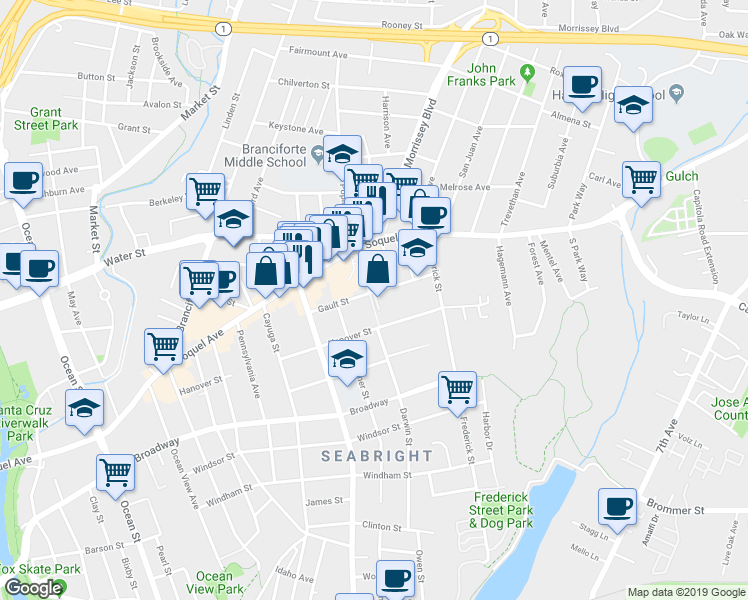 map of restaurants, bars, coffee shops, grocery stores, and more near 106 Library Lane in Santa Cruz