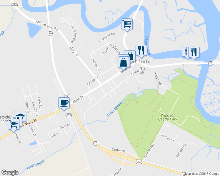 map of restaurants, bars, coffee shops, grocery stores, and more near 204 Drummonds Lane in Smithfield