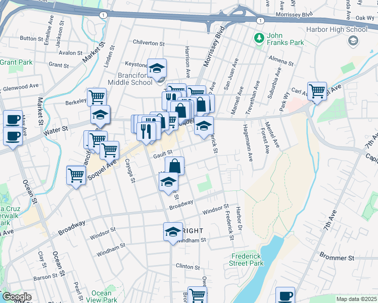 map of restaurants, bars, coffee shops, grocery stores, and more near 318 Gault Street in Santa Cruz