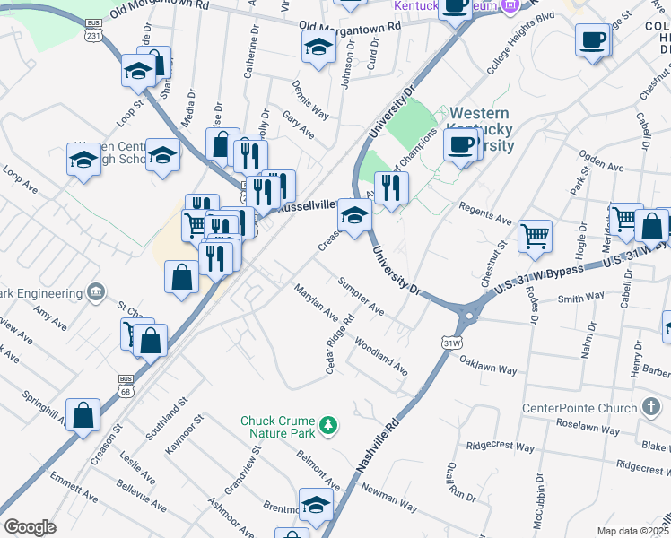 map of restaurants, bars, coffee shops, grocery stores, and more near 312 Sumpter Avenue in Bowling Green