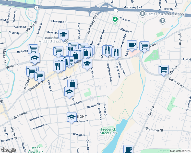map of restaurants, bars, coffee shops, grocery stores, and more near 608 Frederick Street in Santa Cruz
