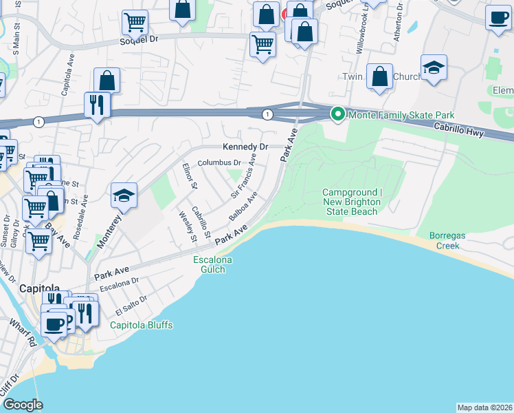 map of restaurants, bars, coffee shops, grocery stores, and more near 102 Coronado Street in Capitola