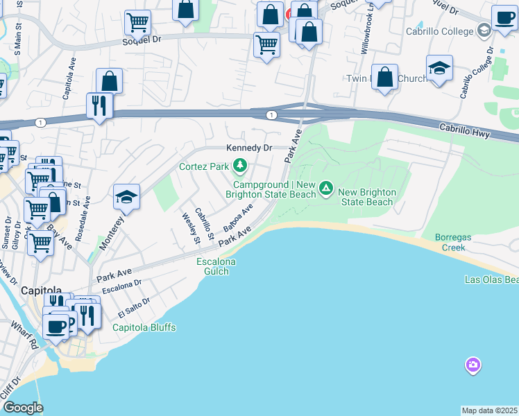 map of restaurants, bars, coffee shops, grocery stores, and more near 102 Coronado Street in Capitola