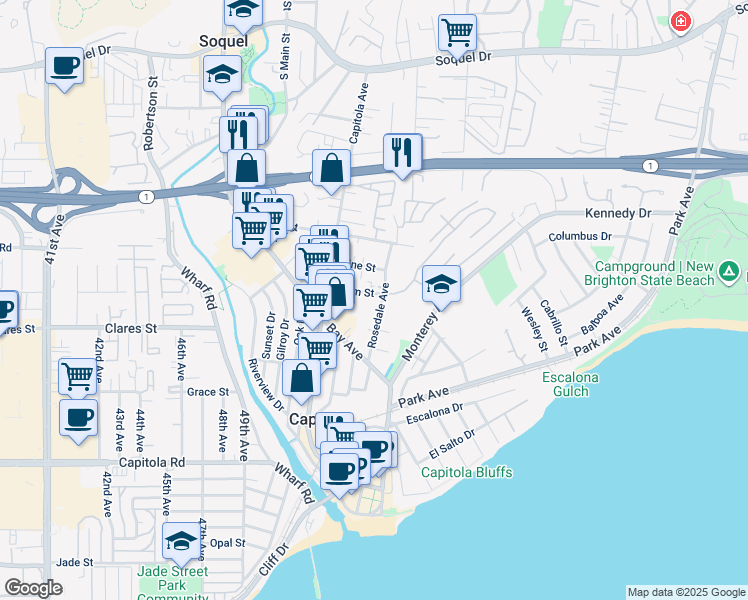 map of restaurants, bars, coffee shops, grocery stores, and more near 501 Plum Street in Capitola