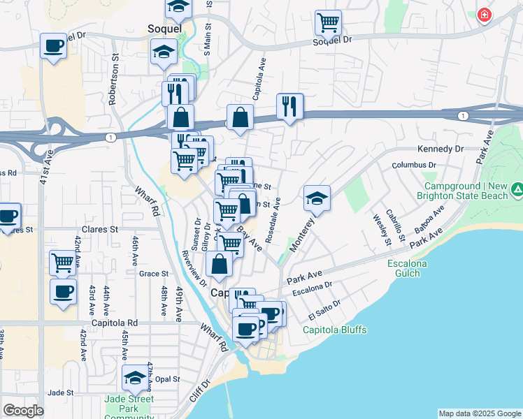 map of restaurants, bars, coffee shops, grocery stores, and more near 501 Plum Street in Capitola