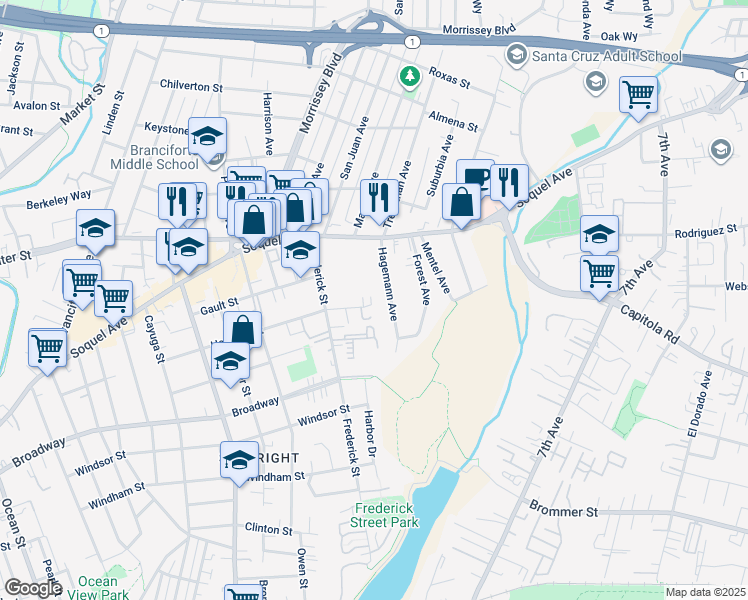 map of restaurants, bars, coffee shops, grocery stores, and more near 935 Hanover Street in Santa Cruz