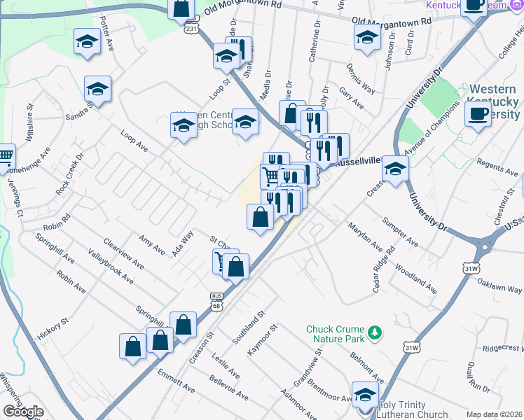 map of restaurants, bars, coffee shops, grocery stores, and more near 1901 Russellville Road in Bowling Green