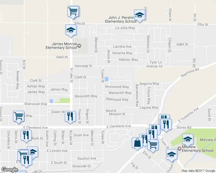 map of restaurants, bars, coffee shops, grocery stores, and more near 1500 Kern Street in Madera
