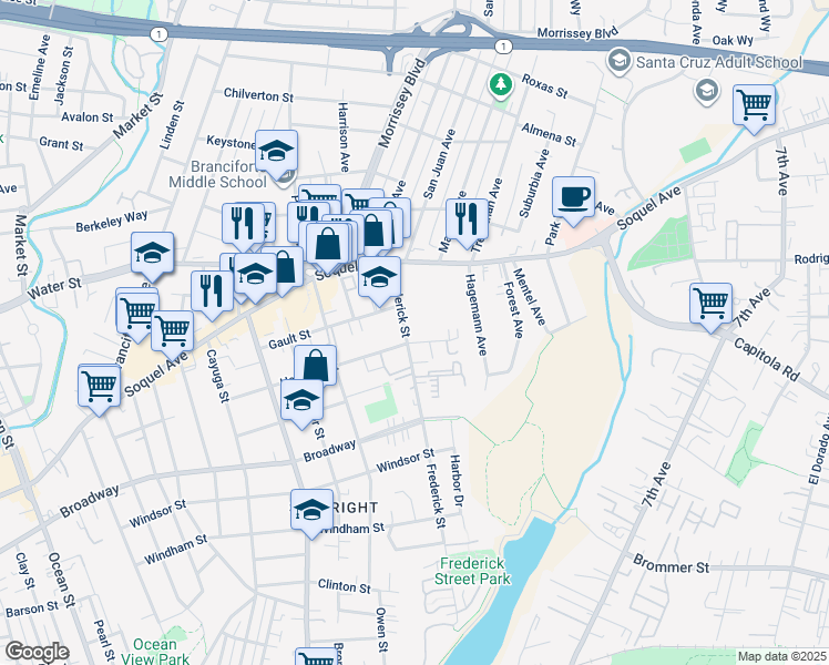 map of restaurants, bars, coffee shops, grocery stores, and more near 600 Frederick Street in Santa Cruz