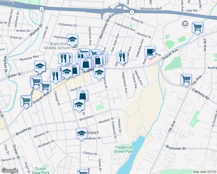 map of restaurants, bars, coffee shops, grocery stores, and more near 600 Frederick Street in Santa Cruz