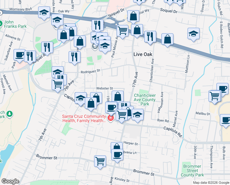 map of restaurants, bars, coffee shops, grocery stores, and more near 1356 Webster Street in Santa Cruz