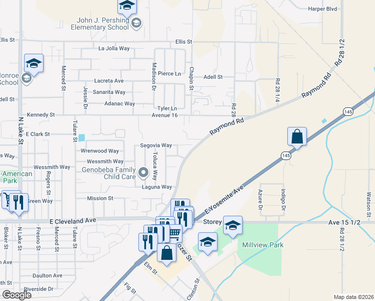 map of restaurants, bars, coffee shops, grocery stores, and more near 1436 Segovia Court in Madera