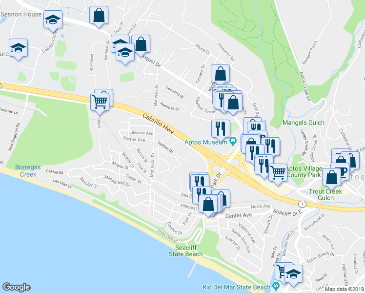 map of restaurants, bars, coffee shops, grocery stores, and more near 297 Bonefish Court in Aptos