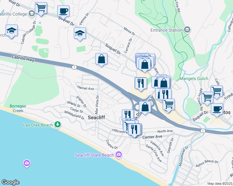 map of restaurants, bars, coffee shops, grocery stores, and more near 297 Bonefish Court in Aptos