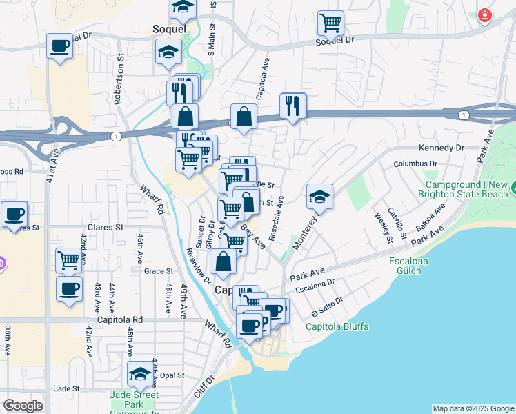 map of restaurants, bars, coffee shops, grocery stores, and more near 501 Plum Street in Capitola