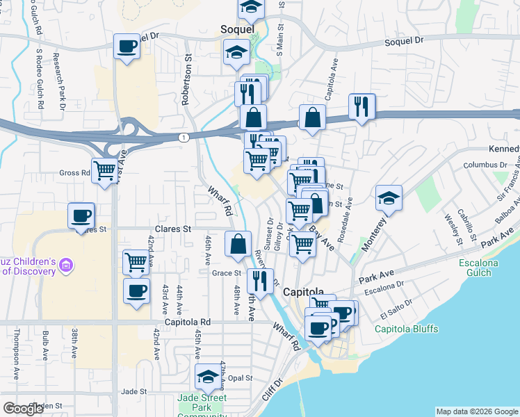 map of restaurants, bars, coffee shops, grocery stores, and more near 611 Center Street in Capitola