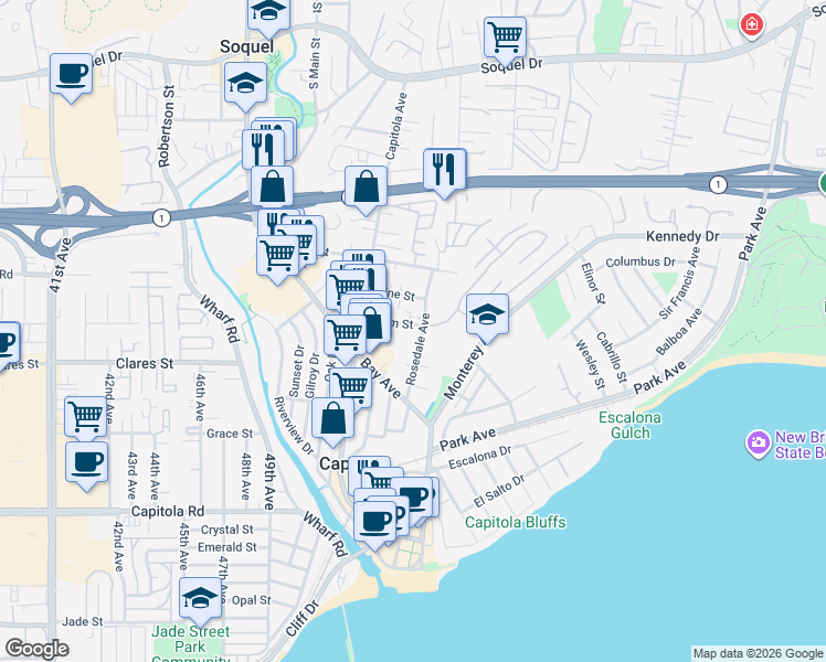 map of restaurants, bars, coffee shops, grocery stores, and more near 501 Plum Street in Capitola