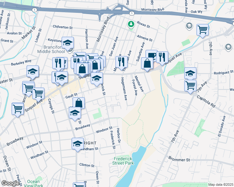 map of restaurants, bars, coffee shops, grocery stores, and more near 935 Hanover Street in Santa Cruz