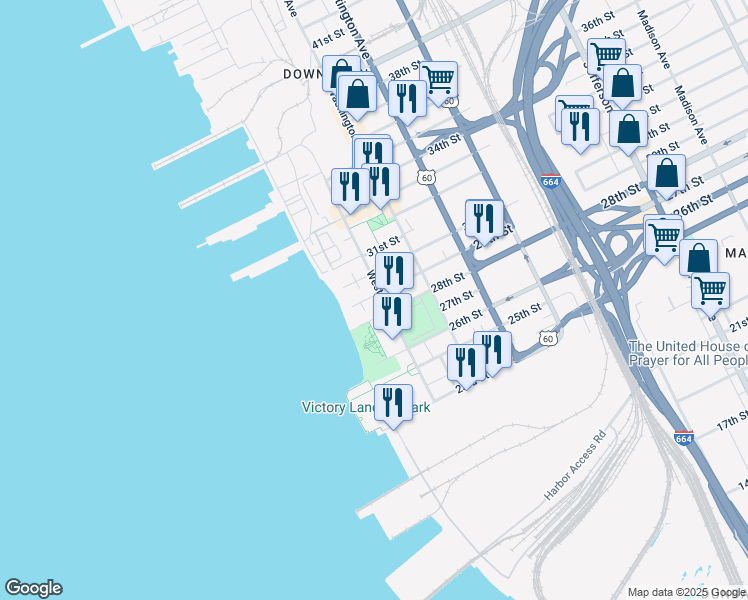 map of restaurants, bars, coffee shops, grocery stores, and more near 2801 West Avenue in Newport News