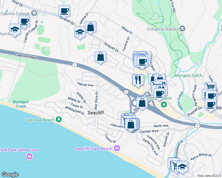 map of restaurants, bars, coffee shops, grocery stores, and more near 288 Perch Way in Aptos