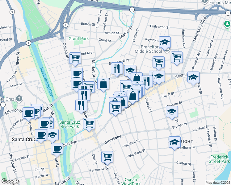map of restaurants, bars, coffee shops, grocery stores, and more near 122 Hugus Avenue in Santa Cruz