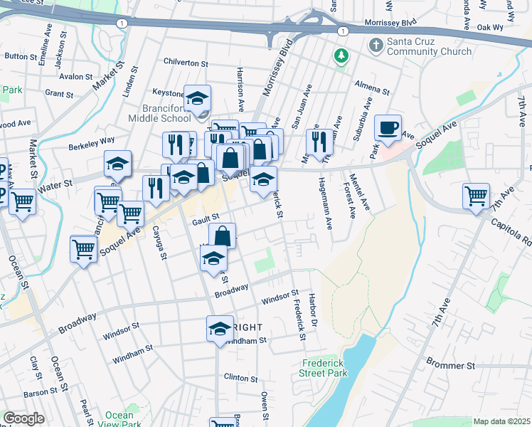 map of restaurants, bars, coffee shops, grocery stores, and more near 609 Frederick Street in Santa Cruz