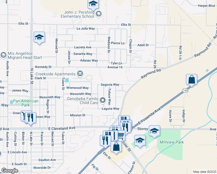 map of restaurants, bars, coffee shops, grocery stores, and more near 1486 Toluca Way in Madera