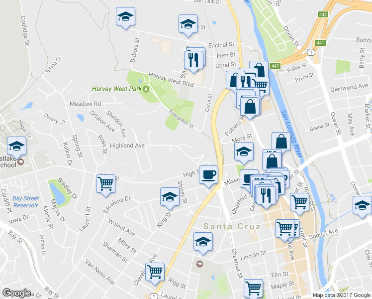 map of restaurants, bars, coffee shops, grocery stores, and more near 112 Hillcrest Terrace in Santa Cruz
