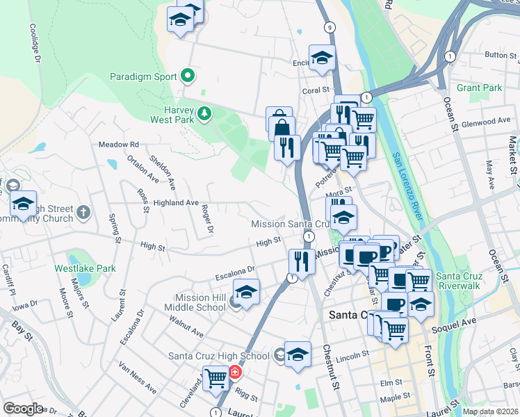 map of restaurants, bars, coffee shops, grocery stores, and more near 139 Hillcrest Terrace in Santa Cruz