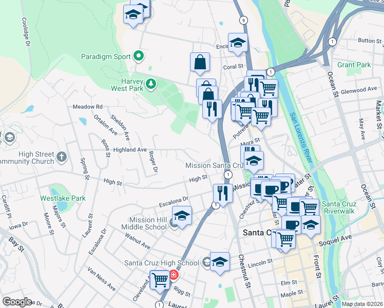 map of restaurants, bars, coffee shops, grocery stores, and more near 112 Hillcrest Terrace in Santa Cruz