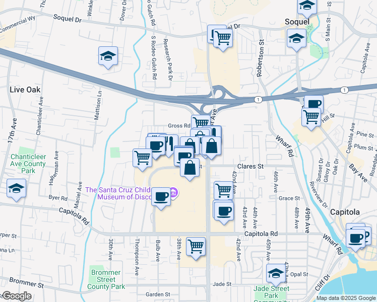 map of restaurants, bars, coffee shops, grocery stores, and more near 2045 40th Avenue in Capitola