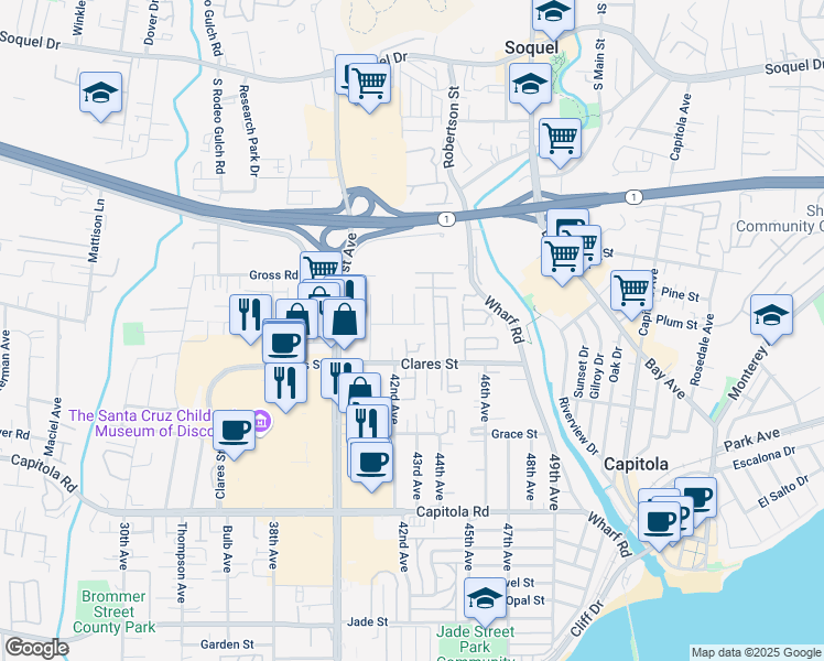 map of restaurants, bars, coffee shops, grocery stores, and more near 4270 Trotter Street in Capitola