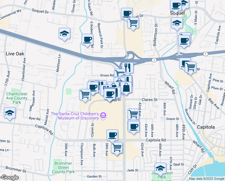 map of restaurants, bars, coffee shops, grocery stores, and more near 2045 40th Avenue in Capitola